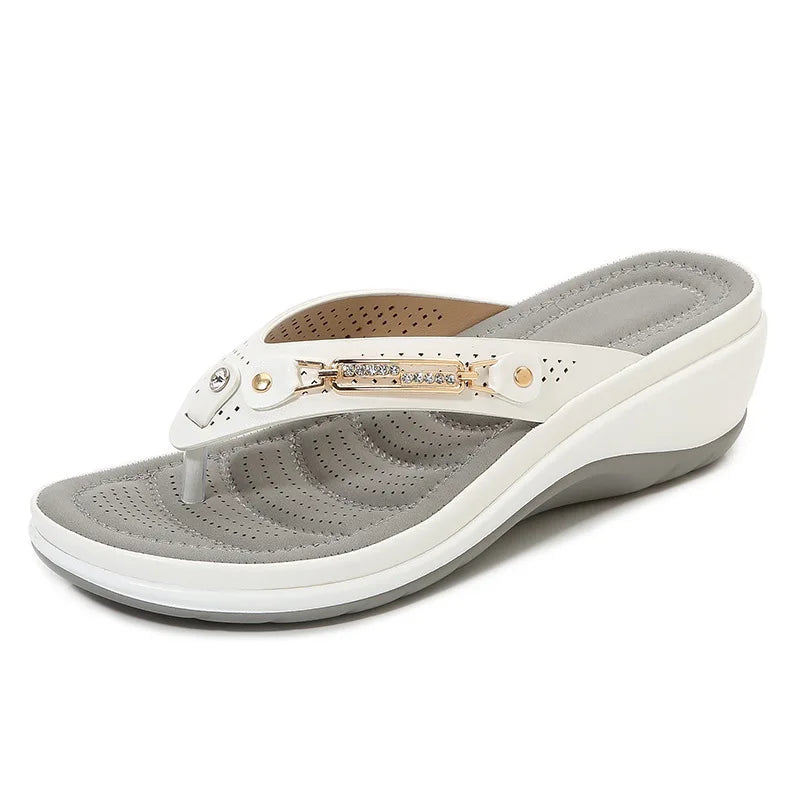 Women's Summer Wedge Slippers – Fashion Slides with Metal Button and Platform Sole