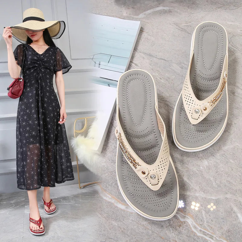 Women's Summer Wedge Slippers – Fashion Slides with Metal Button and Platform Sole