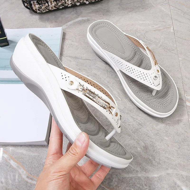 Women's Summer Wedge Slippers – Fashion Slides with Metal Button and Platform Sole