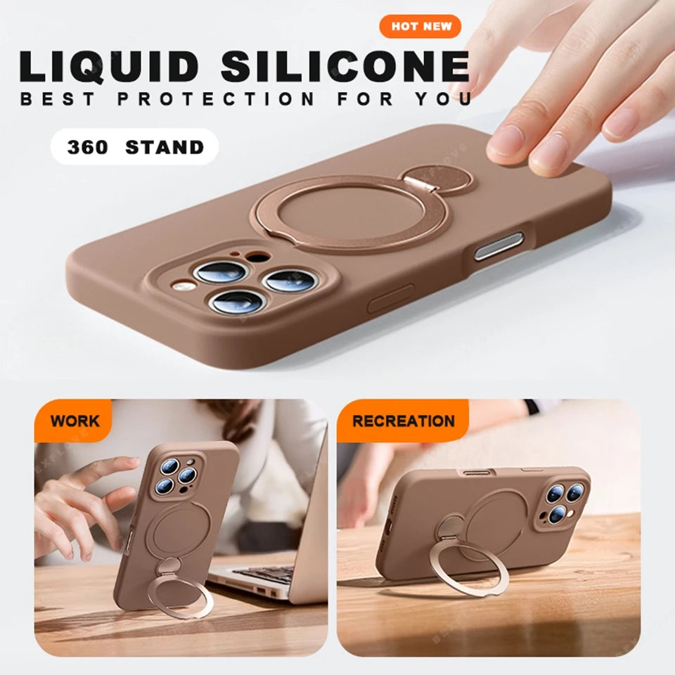 MagSafe Stand Phone Case for iPhone – Liquid Silicone Magnetic Charging Soft Cover with Holder