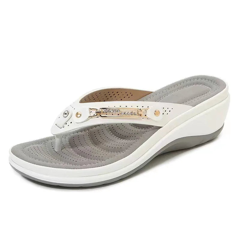 Women's Summer Wedge Slippers – Fashion Slides with Metal Button and Platform Sole