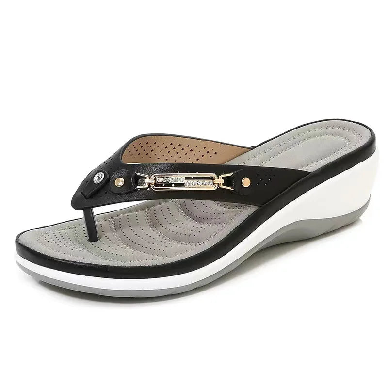 Women's Summer Wedge Slippers – Fashion Slides with Metal Button and Platform Sole
