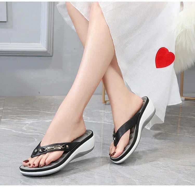 Women's Summer Wedge Slippers – Fashion Slides with Metal Button and Platform Sole