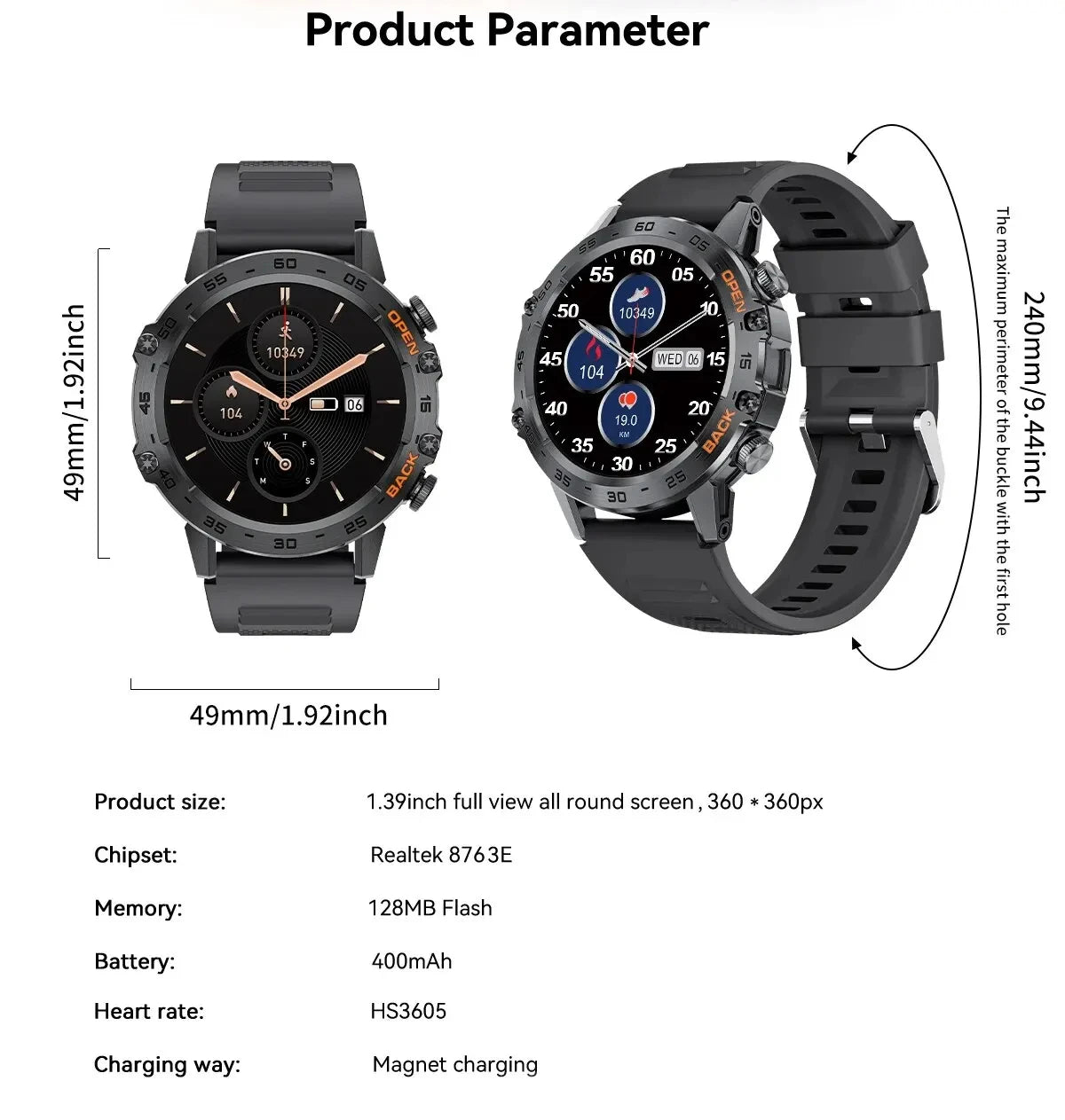 Bluetooth Smartwatch for Men – 1.39” Fitness Sport Tracker, Heart & Health Monitor, iOS/Android