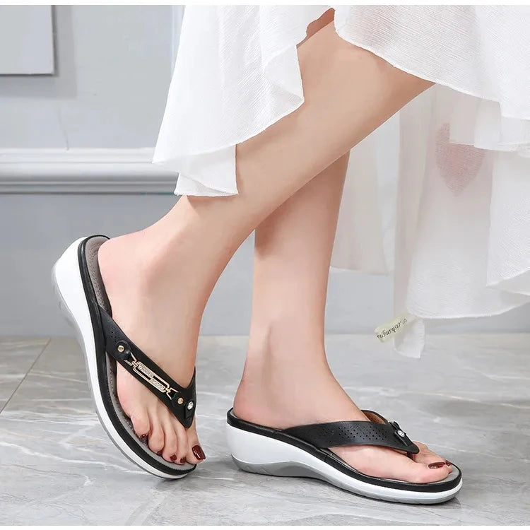 Women's Summer Wedge Slippers – Fashion Slides with Metal Button and Platform Sole