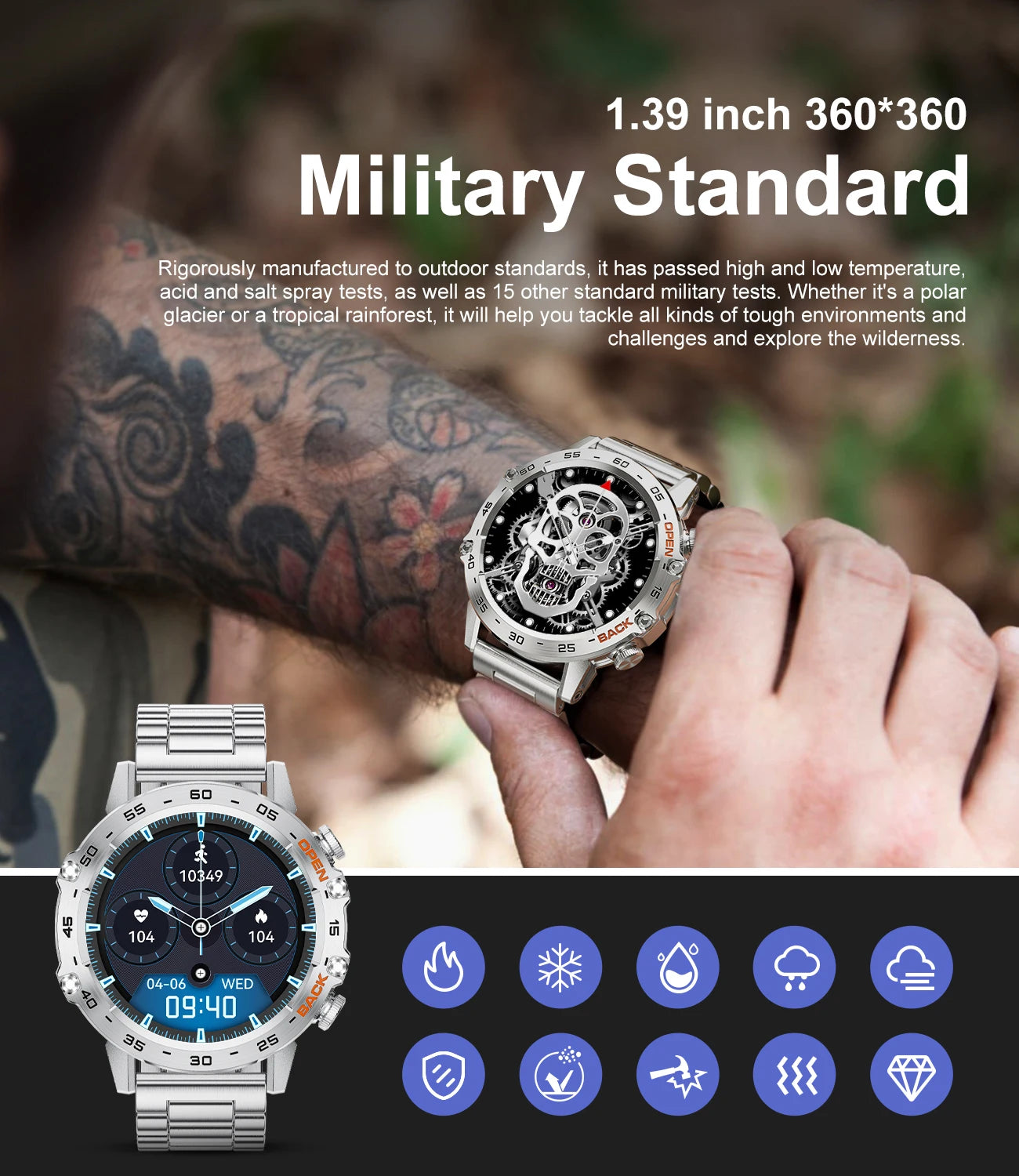 Bluetooth Smartwatch for Men – 1.39” Fitness Sport Tracker, Heart & Health Monitor, iOS/Android