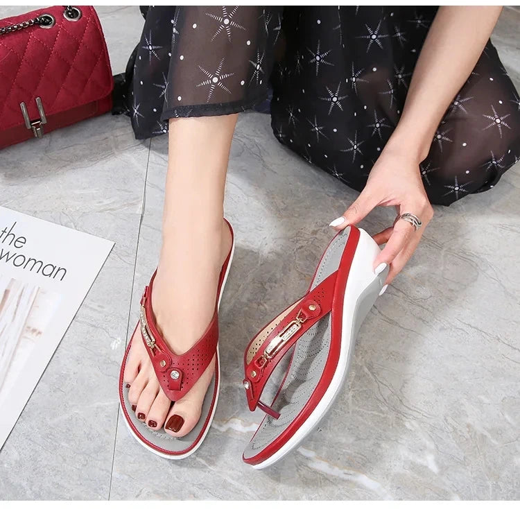 Women's Summer Wedge Slippers – Fashion Slides with Metal Button and Platform Sole