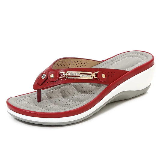 Women's Summer Wedge Slippers – Fashion Slides with Metal Button and Platform Sole