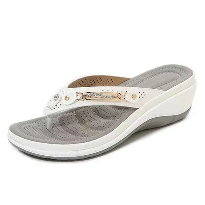 Women's Summer Wedge Slippers – Fashion Slides with Metal Button and Platform Sole