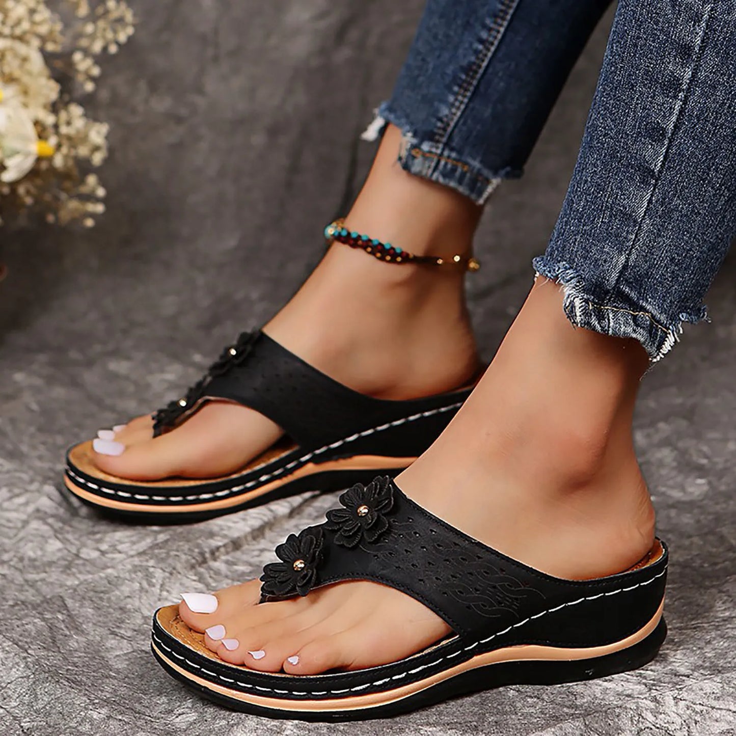 Floral Wedge Sandals for Women – Summer Beach Platform Slippers with Open Toe Design