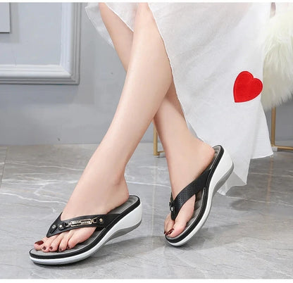 Women's Summer Wedge Slippers – Fashion Slides with Metal Button and Platform Sole