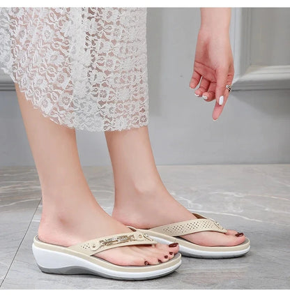 Women's Summer Wedge Slippers – Fashion Slides with Metal Button and Platform Sole