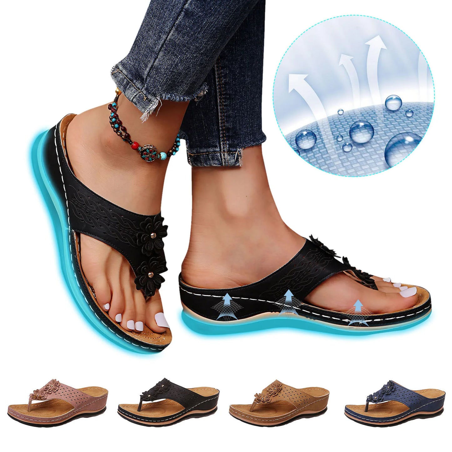 Floral Wedge Sandals for Women – Summer Beach Platform Slippers with Open Toe Design