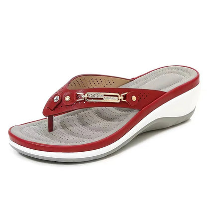 Women's Summer Wedge Slippers – Fashion Slides with Metal Button and Platform Sole