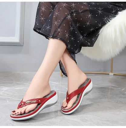 Women's Summer Wedge Slippers – Fashion Slides with Metal Button and Platform Sole