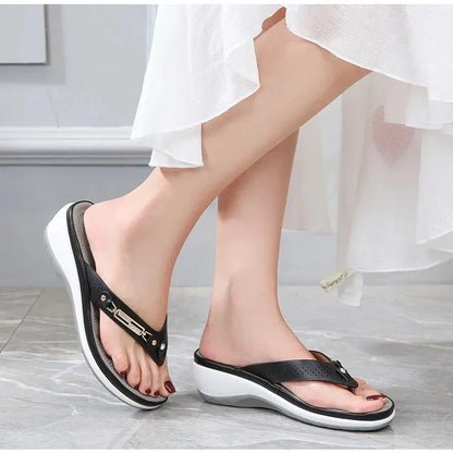 Women's Summer Wedge Slippers – Fashion Slides with Metal Button and Platform Sole