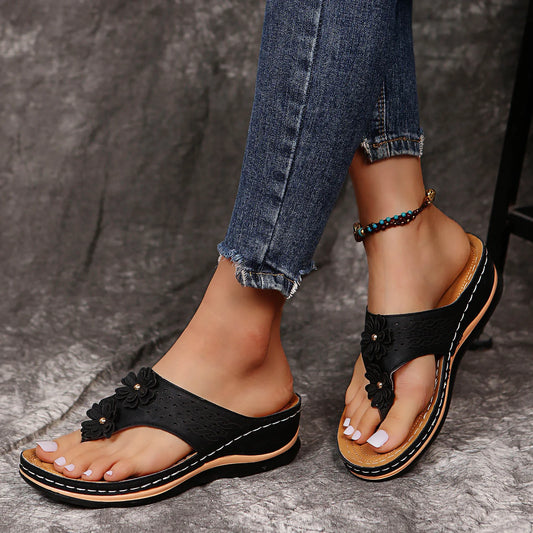 Floral Wedge Sandals for Women – Summer Beach Platform Slippers with Open Toe Design