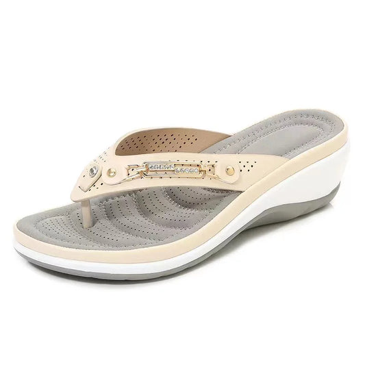 Women's Summer Wedge Slippers – Fashion Slides with Metal Button and Platform Sole